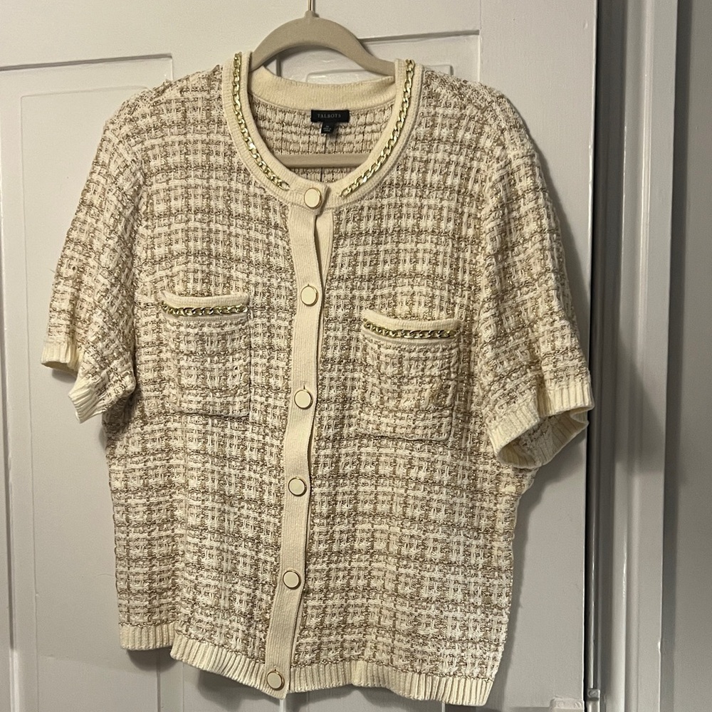 Talbots Cream and Tan Tweed Short Sleeve Cardigan